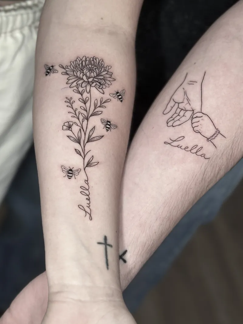 Matching fine line flower and pinky-promise hands tattoos