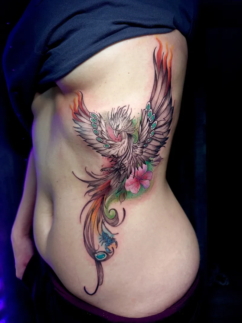 Watercolour phoenix in pink, blue and gold across the ribs